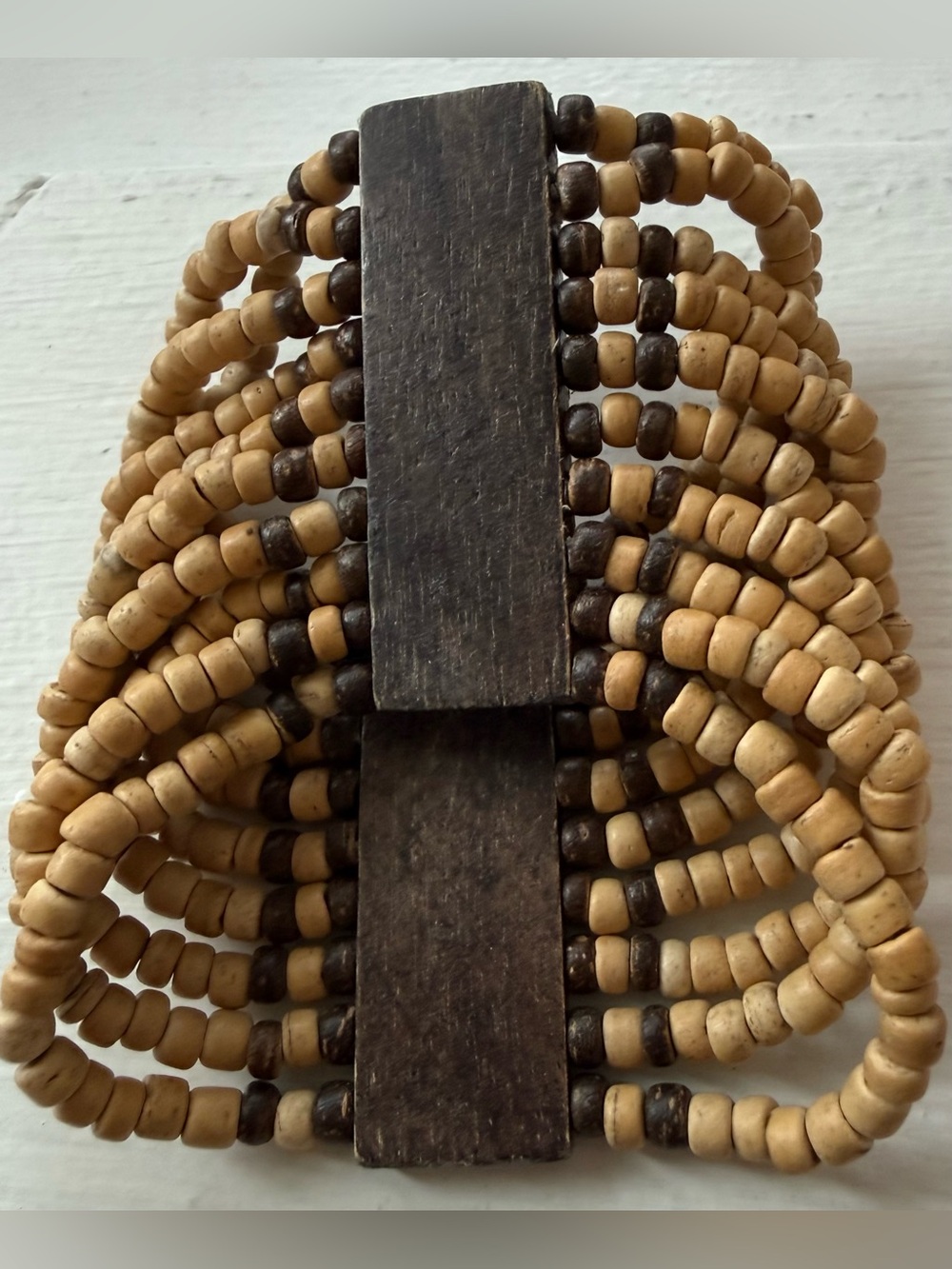Wood Bead Multi-Strand Stretch Bracelet in Beige and Dark Vintage  Brown